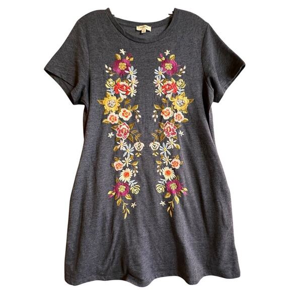 Umgee Embroidered T Shirt Dress Sz S Blue Floral Short Sleeve Shift Tunic Mini - Picture 1 of 15